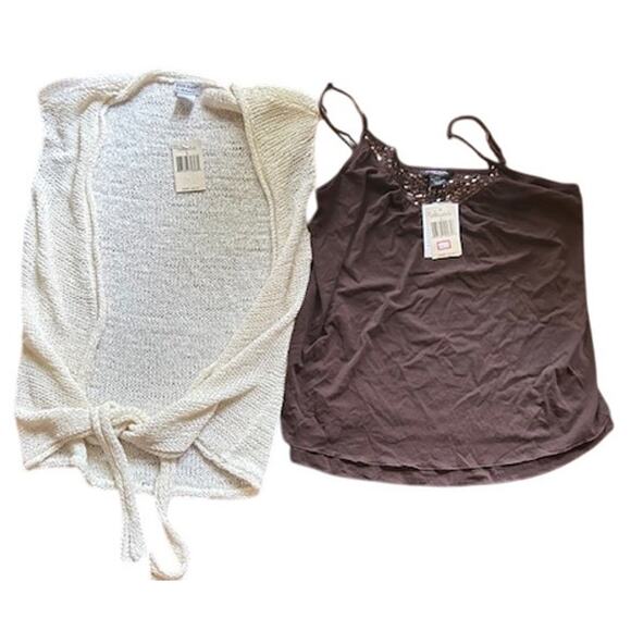 Guess Jeans Cream Open Knit Tie Front Vest & Brown Sequin Camisole Top Size L - Picture 2 of 11